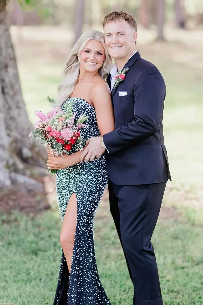 Sparkly Blush Pink Pearl Embellished Long Prom Dress With Side Slit AD121