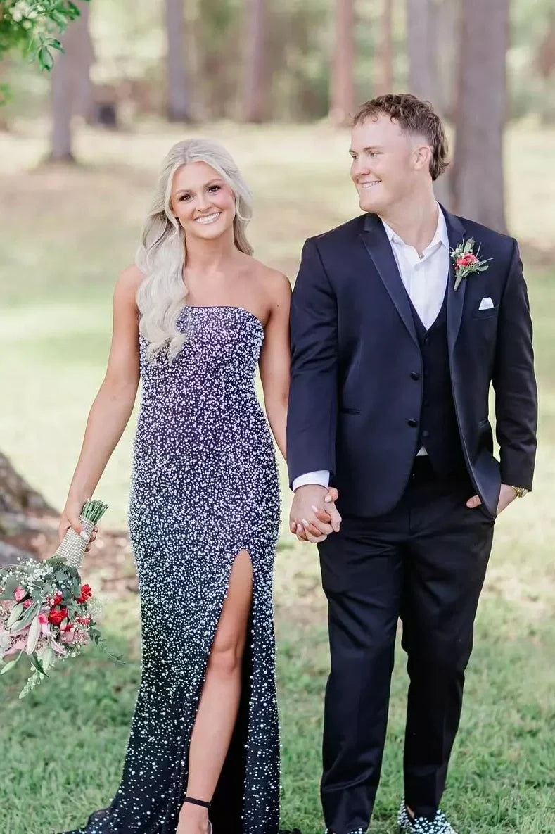 Sparkly Blush Pink Pearl Embellished Long Prom Dress With Side Slit AD121