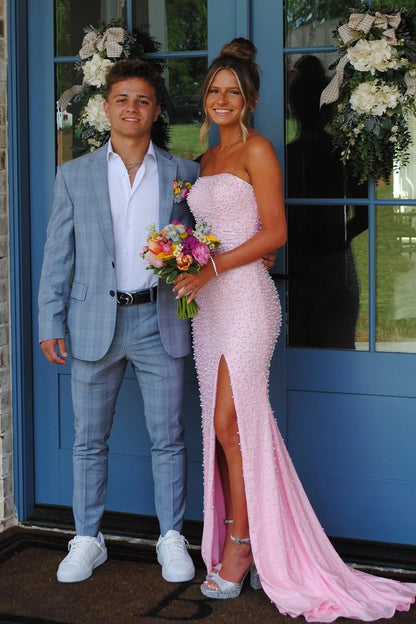 Sparkly Blush Pink Pearl Embellished Long Prom Dress With Side Slit AD121