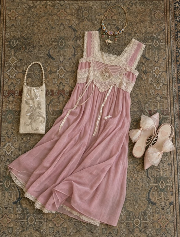 Romantic Dusty Pink Square Neck Sleeveless Lace A Line Midi Prom Dress AD1210