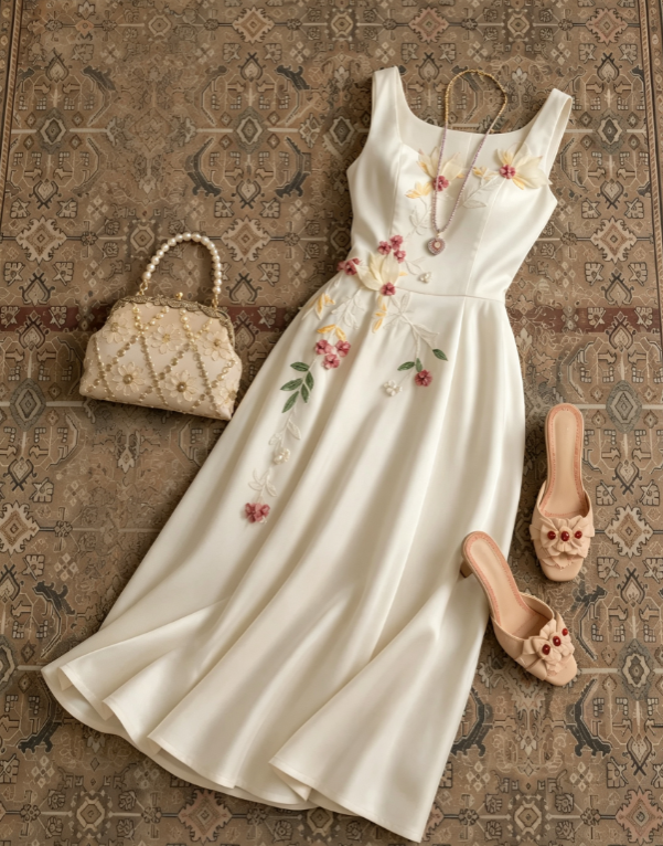 Classic Ivory Square Neck Straps 3D Floral Pearl Beaded Embroidery Accent A-Line Long Prom Dress AD1213