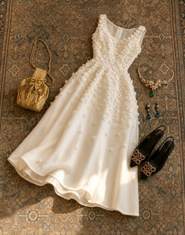Luxurious Ivory Round Neck Sleeveless 3D Floral Appliques Satin A Line Long Prom Dress AD1214
