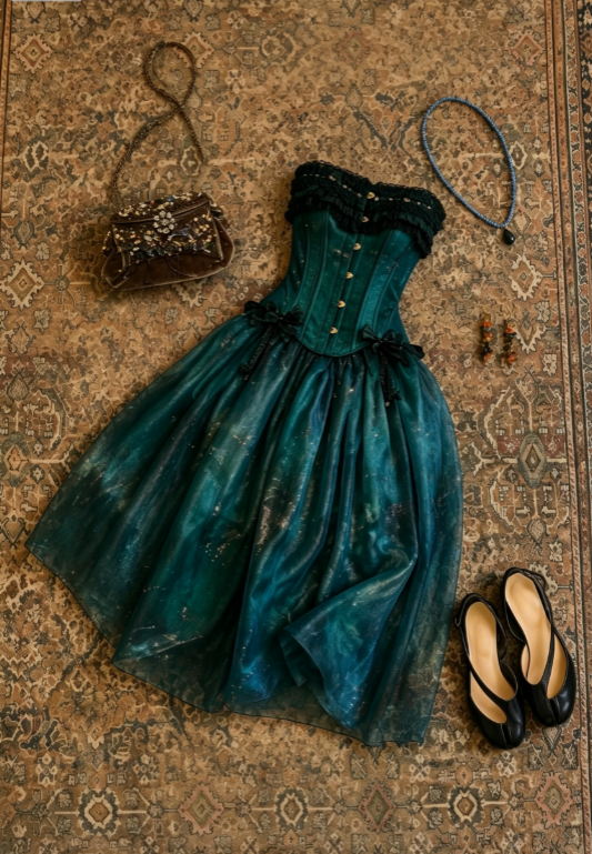 Regal Emerald Strapless Corset Bow Accents Glitter Tulle A Line Midi Prrom Dress AD1215