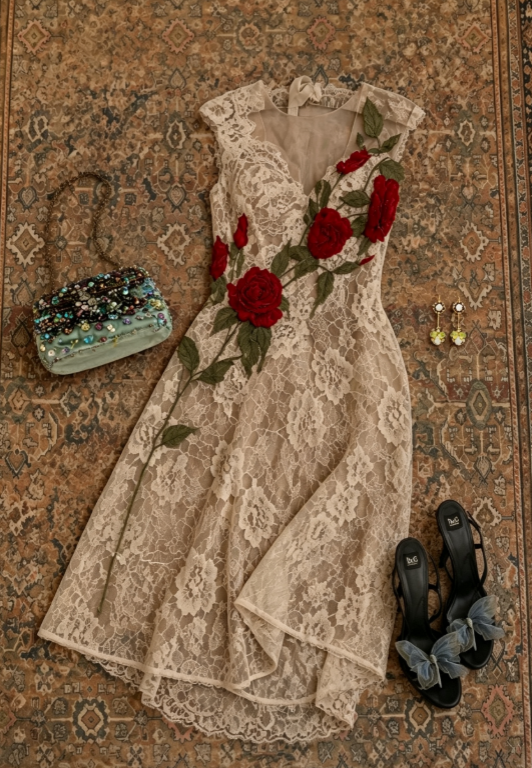 Vintage Beige Sheer Round Neck 3D Red Rose Vine Applique Lace A Line Midi Prom Dress AD1216