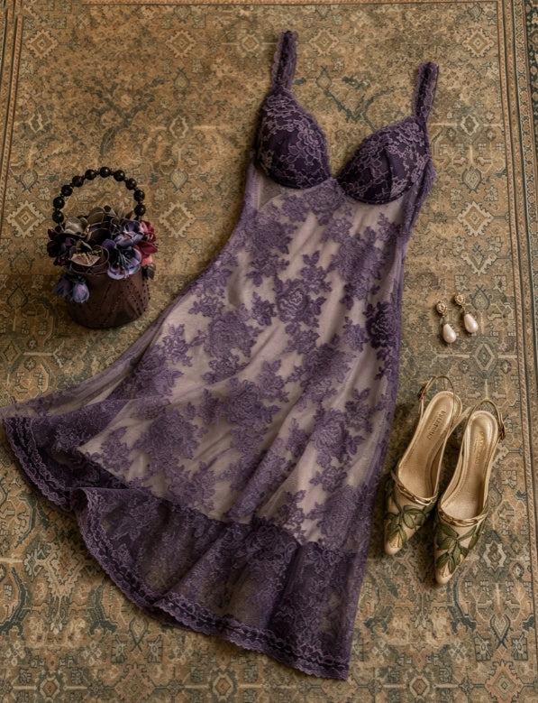 Elegant Dark Purple Sweetheart Neck Straps Floral Lace A Line Midi Prom Dress AD1217