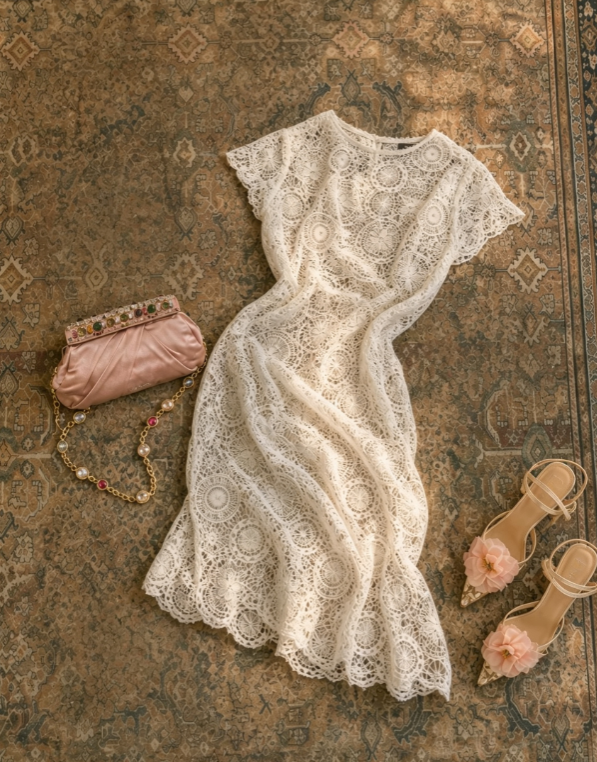 Delicate White Round Neck Cap Sleeve Lace A Line Midi Prom Dress AD1218