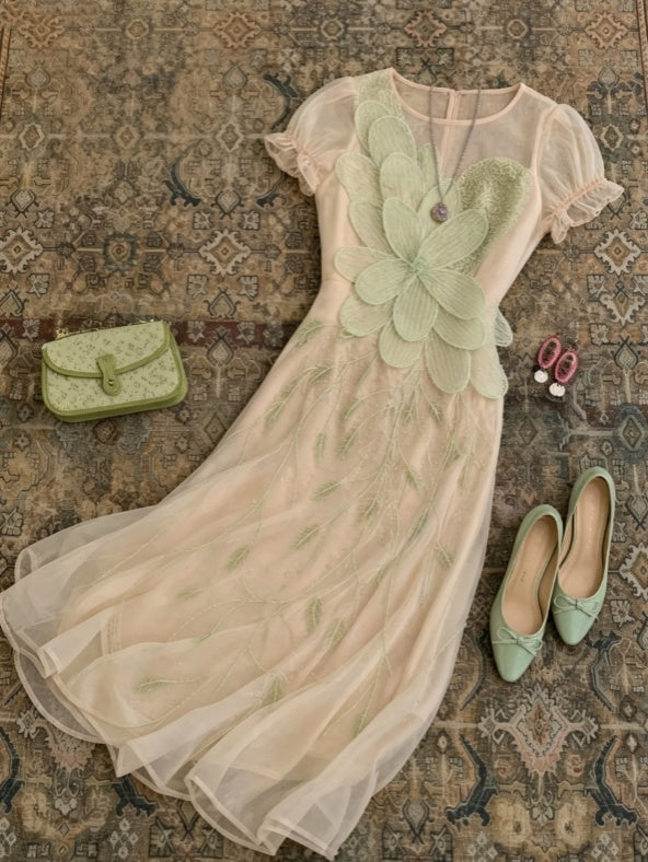 Fresh Blush Round Neck Short Puff Sleeve 3D Large Green Floral Applique A Line Tulle Long Prom Dress AD1219