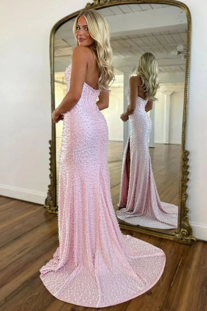 Luxury Pink Pearl Beaded Halter Mermaid Prom Dress With Corset And Slit AD122