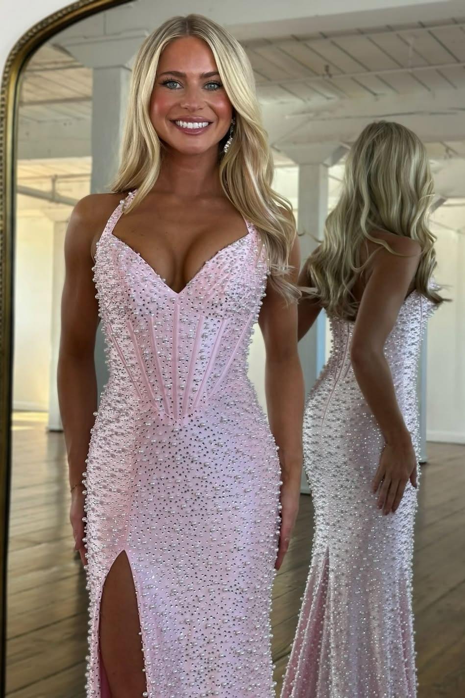Luxury Pink Pearl Beaded Halter Mermaid Prom Dress With Corset And Slit AD122