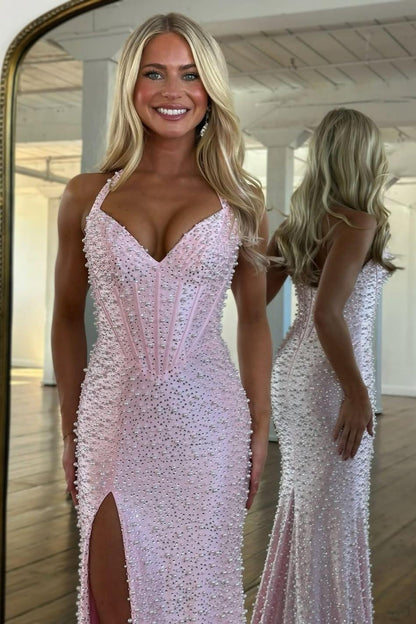 Luxury Pink Pearl Beaded Halter Mermaid Prom Dress With Corset And Slit AD122