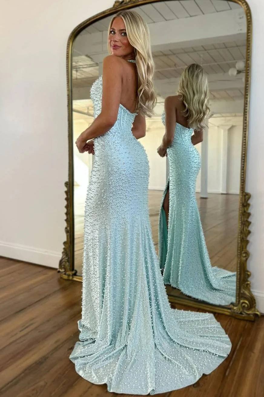 Luxury Pink Pearl Beaded Halter Mermaid Prom Dress With Corset And Slit AD122