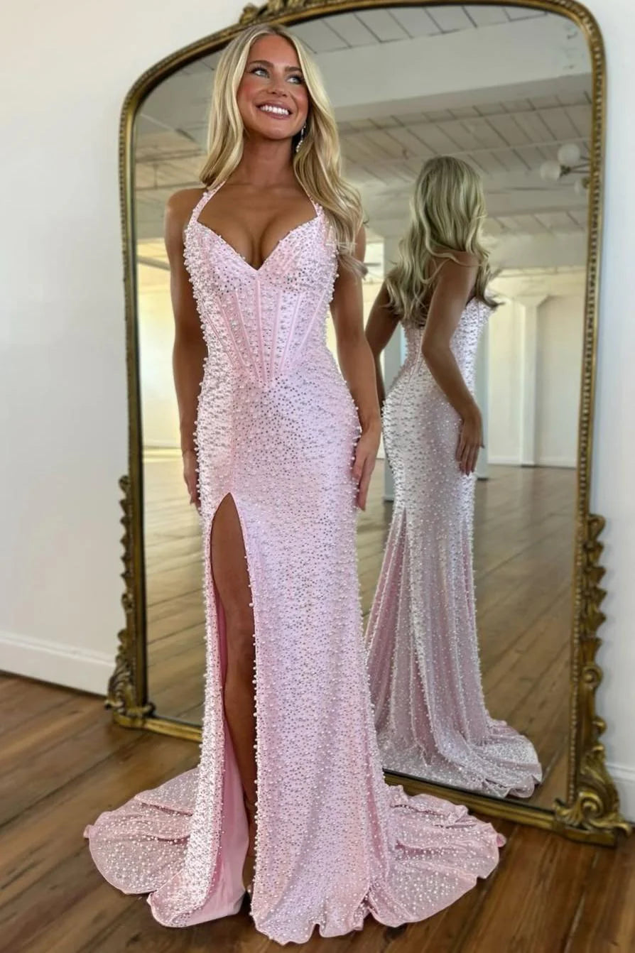 Luxury Pink Pearl Beaded Halter Mermaid Prom Dress With Corset And Slit AD122