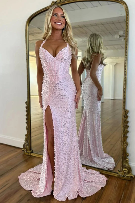 Luxury Pink Pearl Beaded Halter Mermaid Prom Dress With Corset And Slit AD122