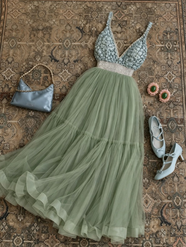 Stunning Dusty Blue 3D Floral Deep V Spaghetti Strap A Line Sage Green Tulle Long Prom Dress AD1220