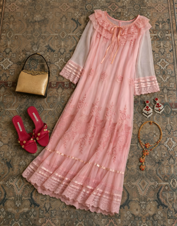 Romantic Blush Pink Lace Ruffle Round Neck Three-Quarter Sheer Sleeves Floral Print A Line Long Prom Dress AD1222