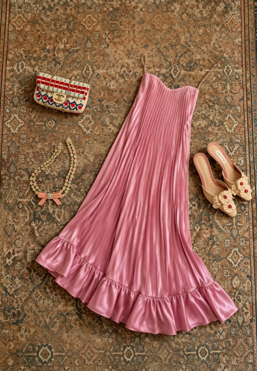 Vivid Hot Pink Sweetheart Neck Pleated Satin Ruffled Hem A Line Long Prom Dress AD1224