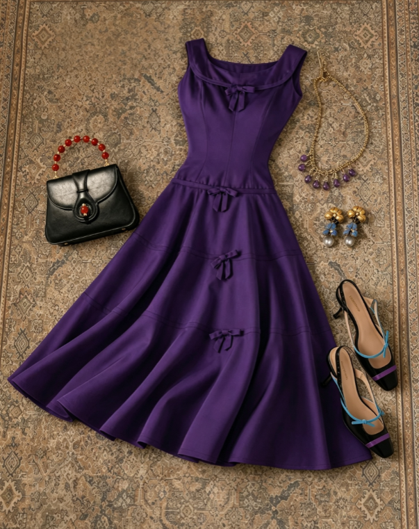 Elegant Purple Square Neck Sleeveless Bows Satin A Line Midi Prom Dress AD1226
