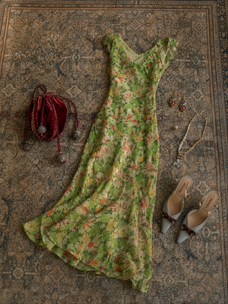 Fresh Green Floral Sleeveless Ruffle Straps V-Neck Long Sheath Prom Dress AD1227