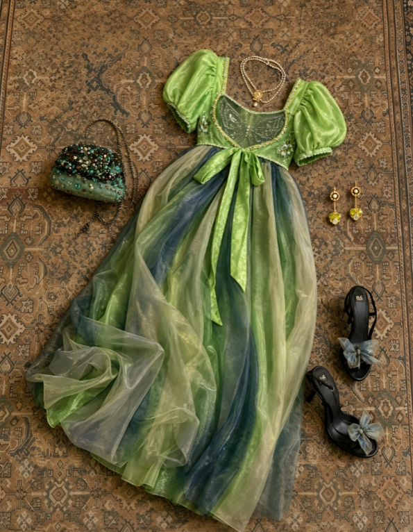 Enchanting Emerald Short Puff Sleeve Square Neck Beaded Bodice Front Bow A Line Organza Long Prom Dress AD1229