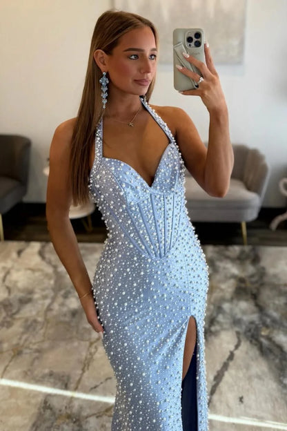 Luxury Light Blue Halter Neck Mermaid Pearl Beaded Prom Dress With High Slit AD123