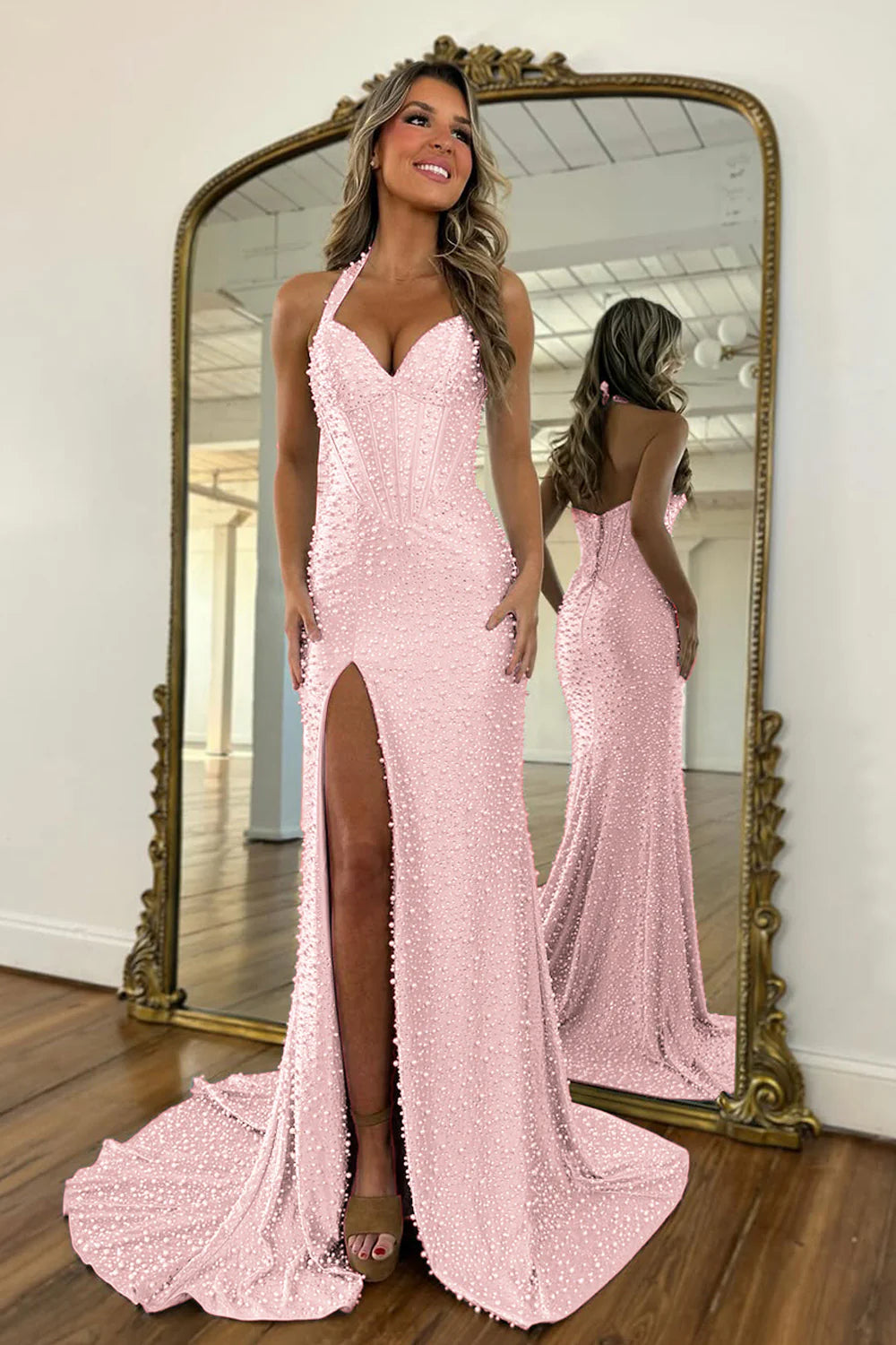 Luxury Light Blue Halter Neck Mermaid Pearl Beaded Prom Dress With High Slit AD123