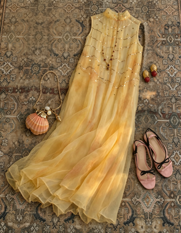 Romantic Yellow Sleeveless High Neck Horizontal Sequin Flowy A Line Long Prom Dress AD1230