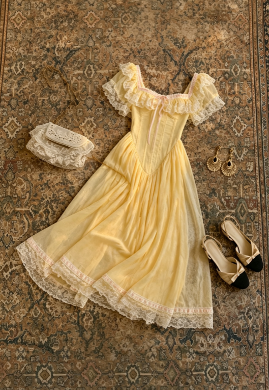 Sweet Yellow Square Neck Ruffle Short Sleeve Midi Dress Pink Ribbon Bow Lace Trim Corset A Line Midi Prom Dress AD1231