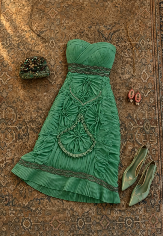 Unique Emerald Strapless Pleated 3D Floral Bodycon Midi Prom Dress AD1234