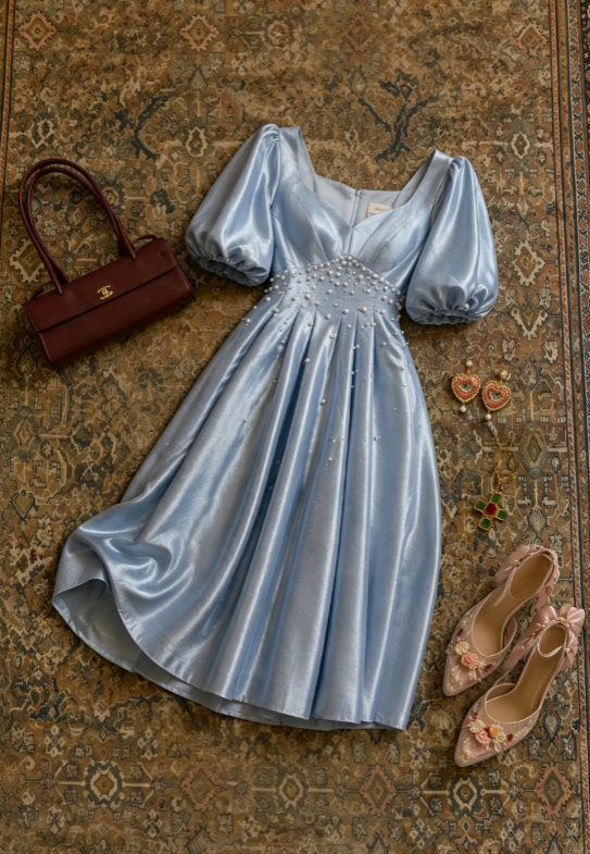 Elegant Light Blue Puff Sleeve Sweetheart Neck Pearl Beaded Satin A Line Midi Prom Dress AD1237