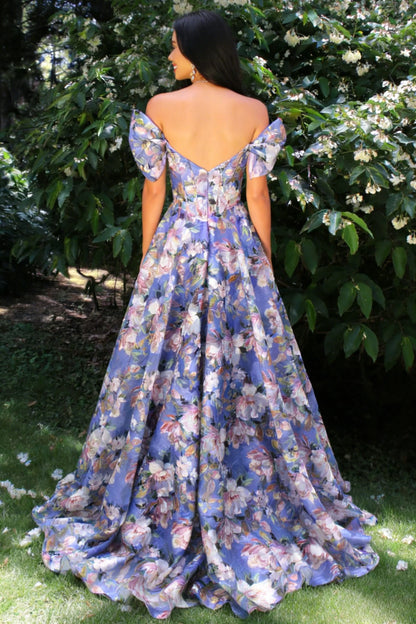 Floral Off-Shoulder Corset Prom Dress With Puff Sleeves And Full A-Line Skirt AD124