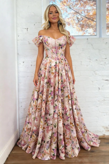 Floral Off-Shoulder Corset Prom Dress With Puff Sleeves And Full A-Line Skirt AD124