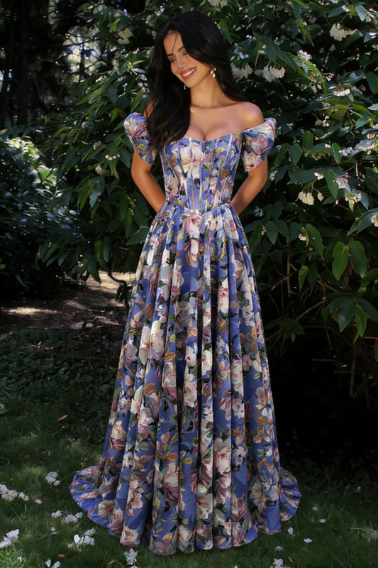Floral Off-Shoulder Corset Prom Dress With Puff Sleeves And Full A-Line Skirt AD124