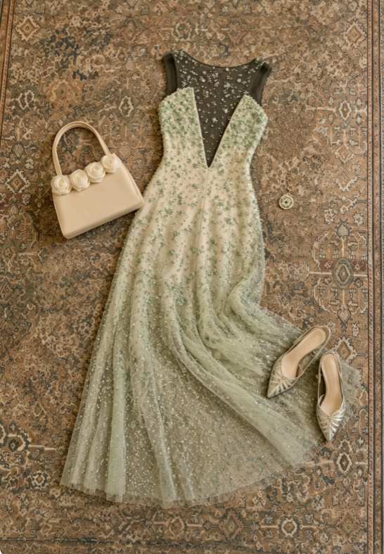 Elegant Mint Green Illusion Round Neck Sleeveless Beaded Tulle Mermaid Long Prom Dress AD1240