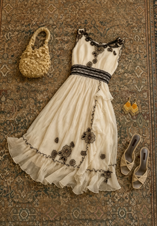 Vintage Ivory Round Neck Sleeveless Black Floral Applique Lace Chiffon A Line Midi Prom Dress AD1241