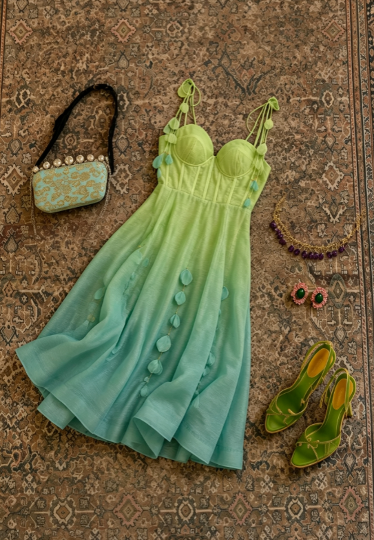 Vivid Ombre Green Gradient Sweetheart Neck Spaghetti Tie Straps Corset 3D Leaf Petal Pendant A Line Midi Prom Dress AD1242