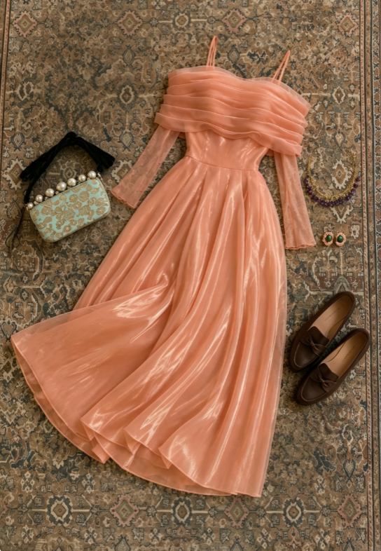 Elegant Peach Off Shoulder Pleated Ruffle Neck Long Sheer Sleeve Organza A Line Long Prom Dress AD1243