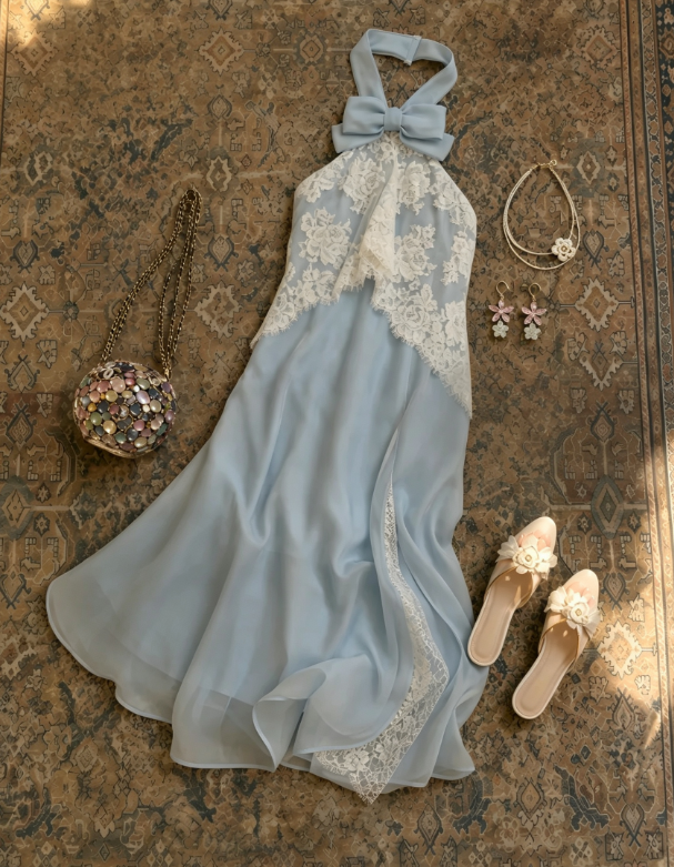 Dreamy Light Blue Halter Bow White Floral Lace Side Lace Slit Flowy A Line Midi Chiffon Prom Dress AD1245