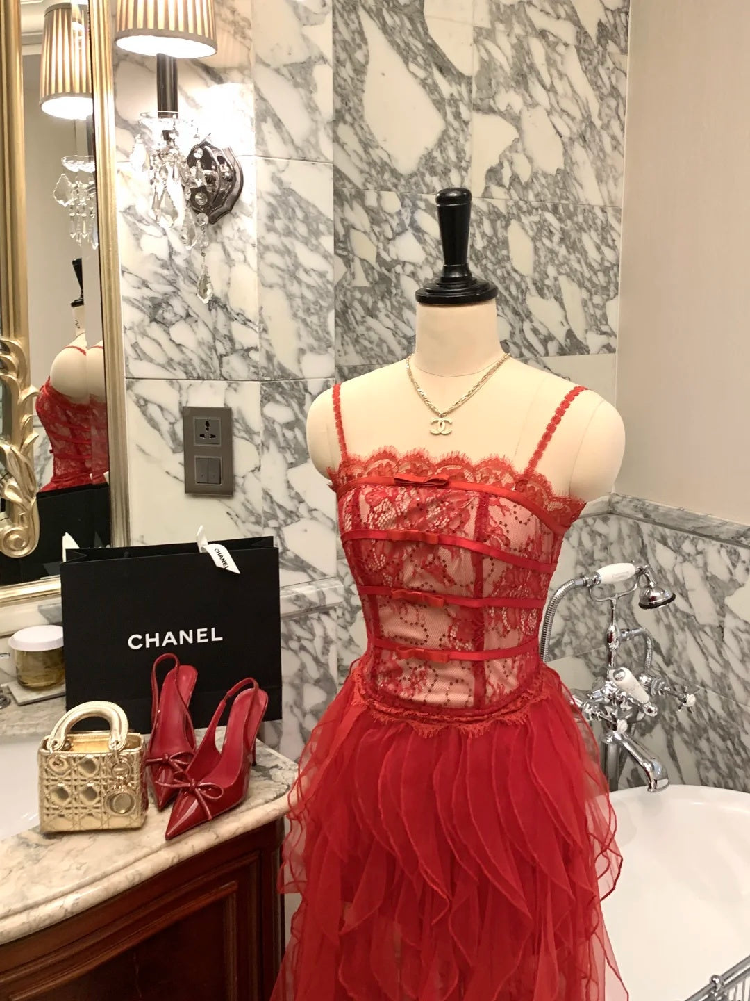 Dramatic Red Spaghetti Straps Sheer Floral Lace Bow Corset Layered Fringe Ruffled Tulle A Line Long Prom Dress AD1254
