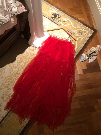 Dramatic Red Spaghetti Straps Sheer Floral Lace Bow Corset Layered Fringe Ruffled Tulle A Line Long Prom Dress AD1254