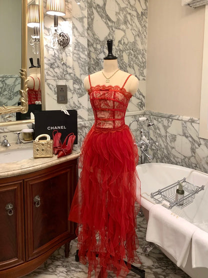 Dramatic Red Spaghetti Straps Sheer Floral Lace Bow Corset Layered Fringe Ruffled Tulle A Line Long Prom Dress AD1254