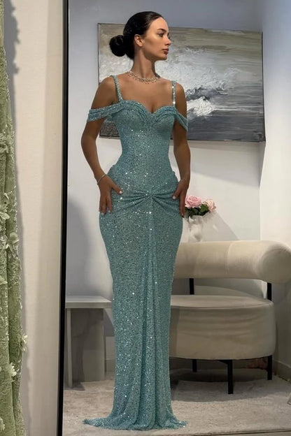 Sparkly Aqua Blue Off-Shoulder Long Beaded Prom Gown With Slender Straps AD126