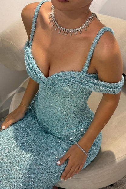 Sparkly Aqua Blue Off-Shoulder Long Beaded Prom Gown With Slender Straps AD126