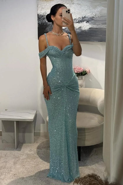 Sparkly Aqua Blue Off-Shoulder Long Beaded Prom Gown With Slender Straps AD126