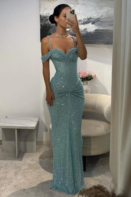 Sparkly Aqua Blue Off-Shoulder Long Beaded Prom Gown With Slender Straps AD126