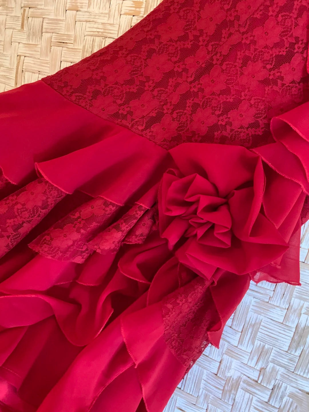 Glam Red One Shoulder Lace Bodice 3D Floral Appliqué Cascading Ruffled Chiffon High Low A Line Long Prom Dress AD1267
