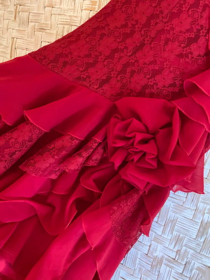 Glam Red One Shoulder Lace Bodice 3D Floral Appliqué Cascading Ruffled Chiffon High Low A Line Long Prom Dress AD1267