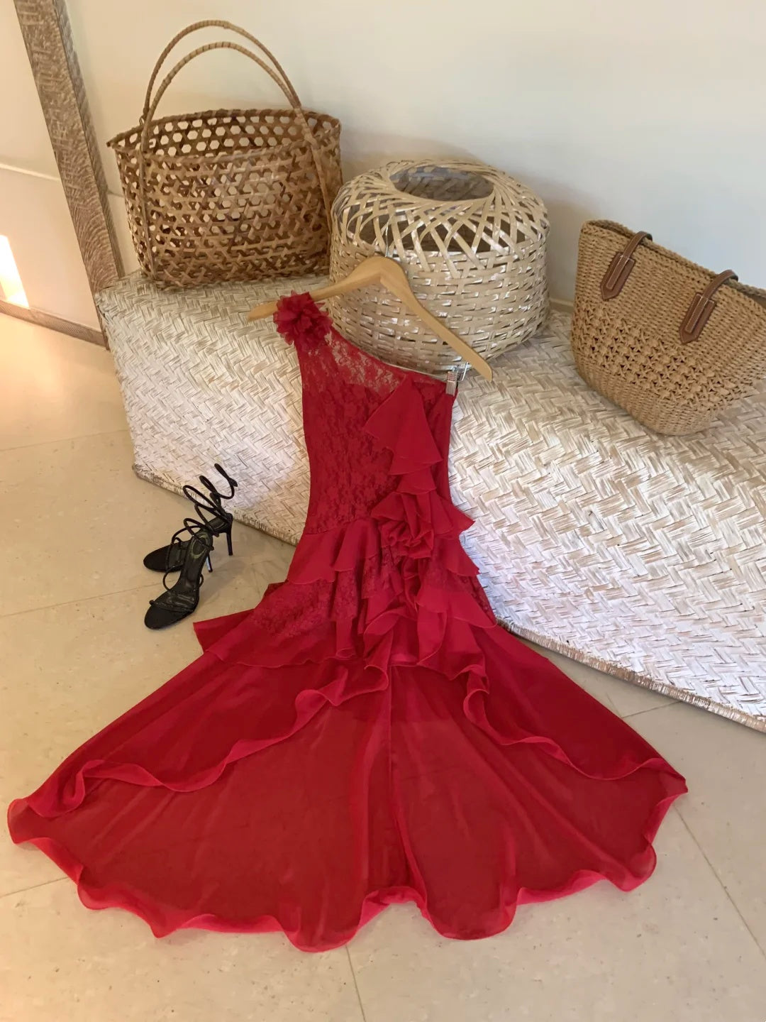 Glam Red One Shoulder Lace Bodice 3D Floral Appliqué Cascading Ruffled Chiffon High Low A Line Long Prom Dress AD1267
