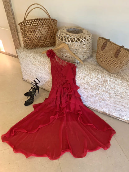 Glam Red One Shoulder Lace Bodice 3D Floral Appliqué Cascading Ruffled Chiffon High Low A Line Long Prom Dress AD1267