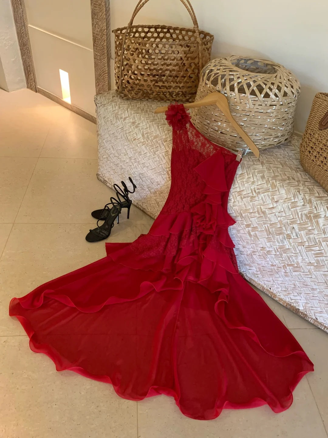 Glam Red One Shoulder Lace Bodice 3D Floral Appliqué Cascading Ruffled Chiffon High Low A Line Long Prom Dress AD1267