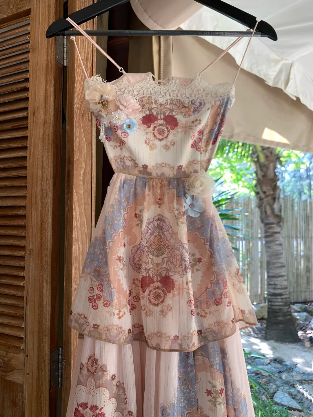 Gorgeous Pink Floral Print Spaghetti Straps Lace Trim 3D Floral Appliques Corset Lace‑Up Back Tiered Ruffle A Line Long Prom Dress AD1275